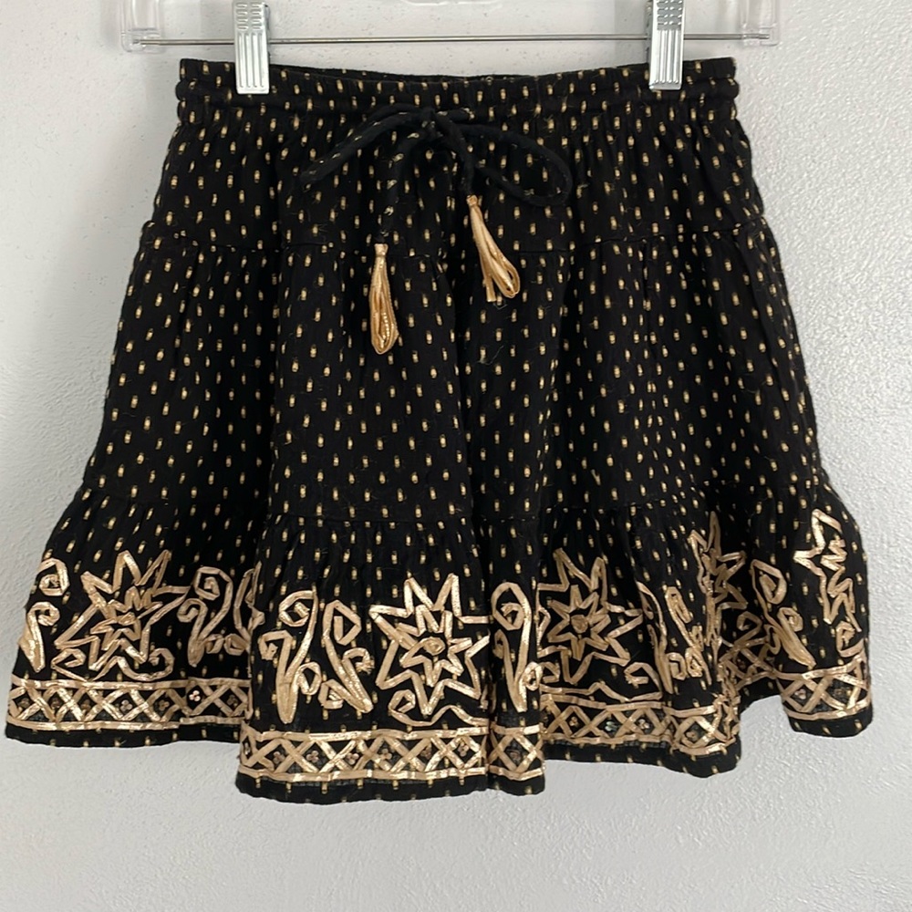 Raga Anthropologie Nuria Black Gold‎ Foil Beading Boho Mini Skirt Size Small